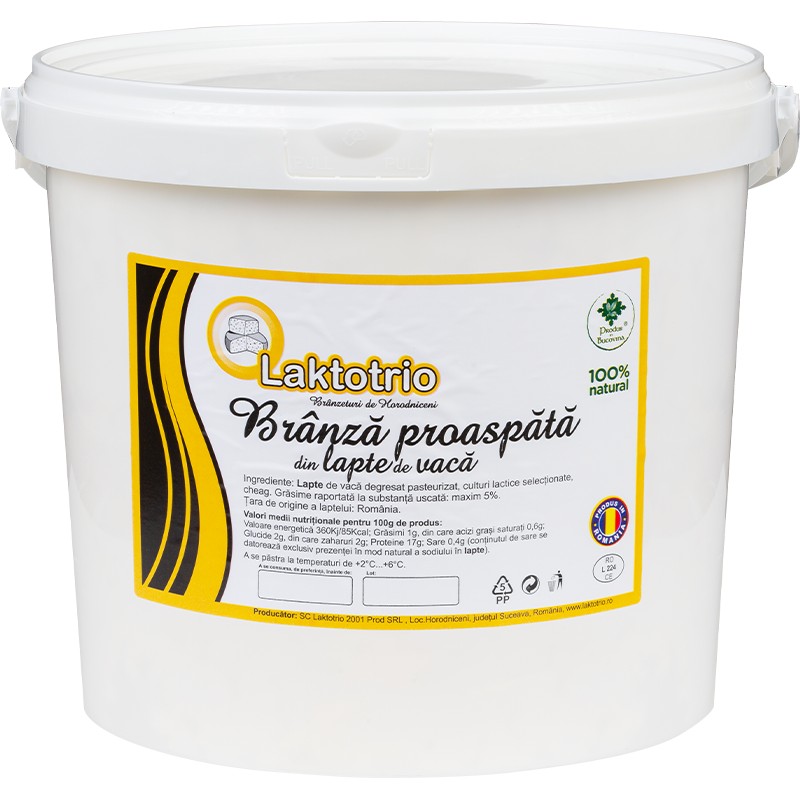 Branza proaspata din lapte de vaca, 5%, 5 kg, galeata, Cod 00004129