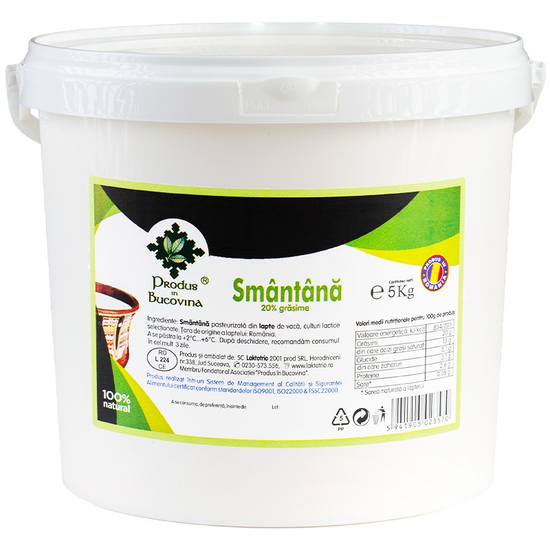 Smantana naturala, 20% grasime, 5 kg, din lapte de vaca, pasteurizata, Cod 00003291
