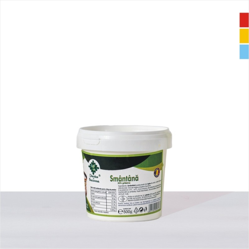 Smantana naturala, 20% grasime, 500 g, din lapte de vaca. pasteurizata, Cod 00001972