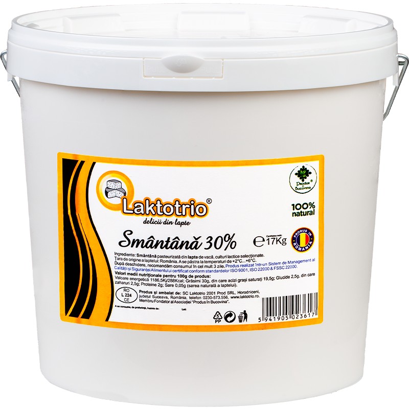 Smantana naturala, 30% grasime, 17 kg, din lapte de vaca, pasteurizata, Cod 00004137