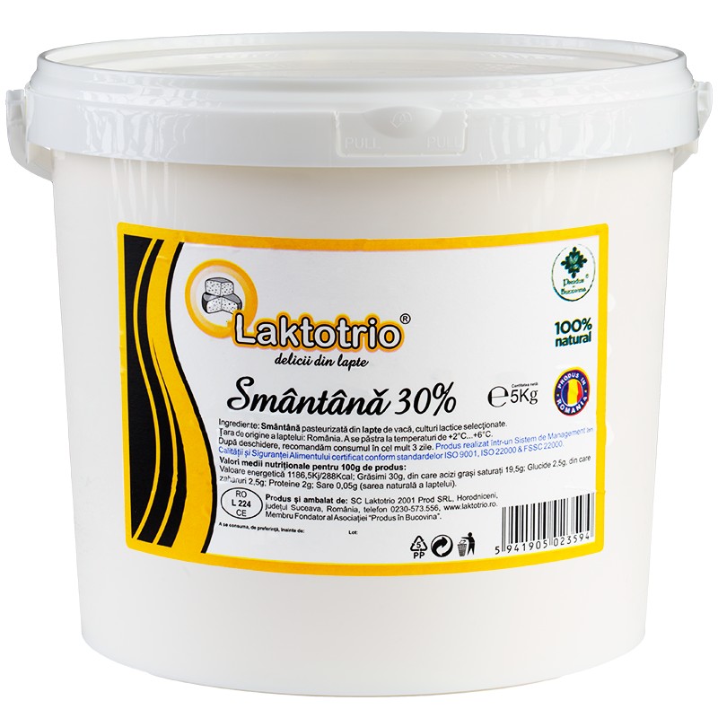 Smantana naturala, 30% grasime, 5 kg, din lapte de vaca, pasteurizata, Cod 00003292